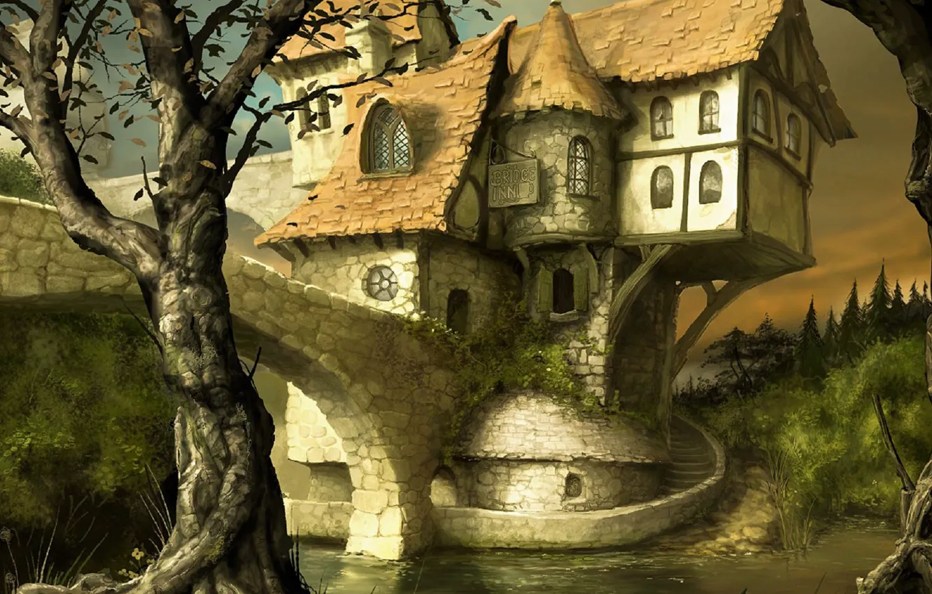 Фото обои замок, графика, сказочный домик, фэнтези миры, светло-коричневый фон
