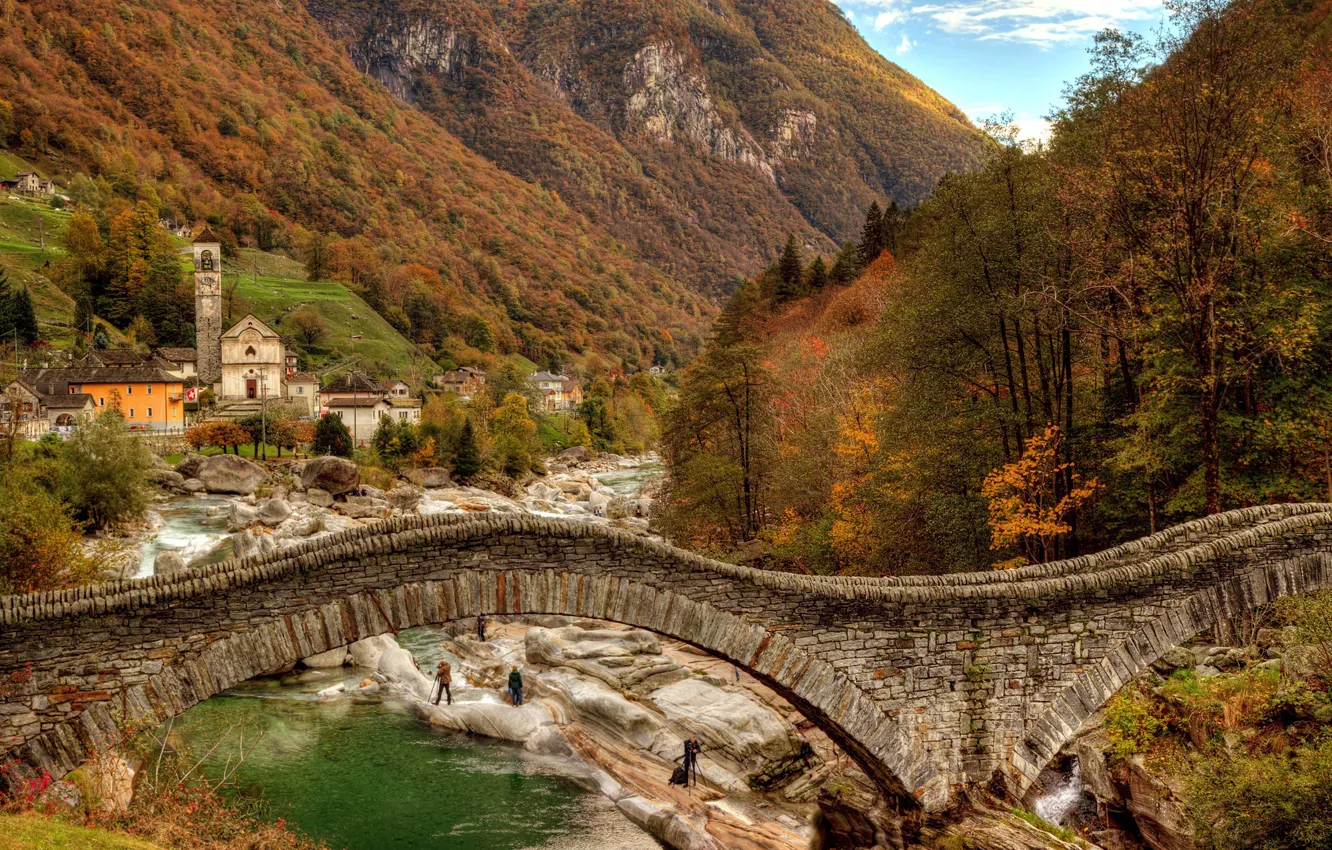 Фото обои осень, горы, мост, река, Швейцария, Альпы, городок, Switzerland