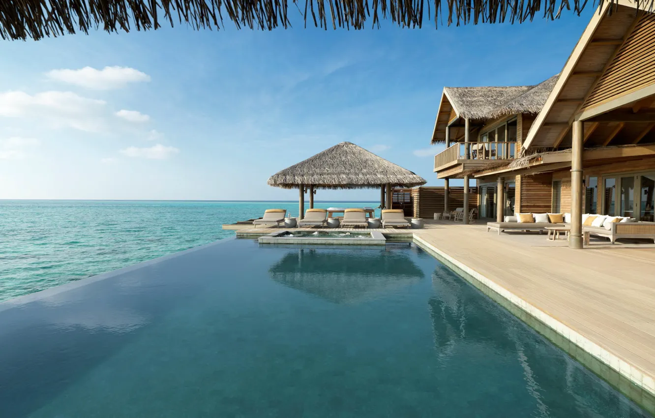 Фото обои море, бассейн, Мальдивы, отель, бунгало