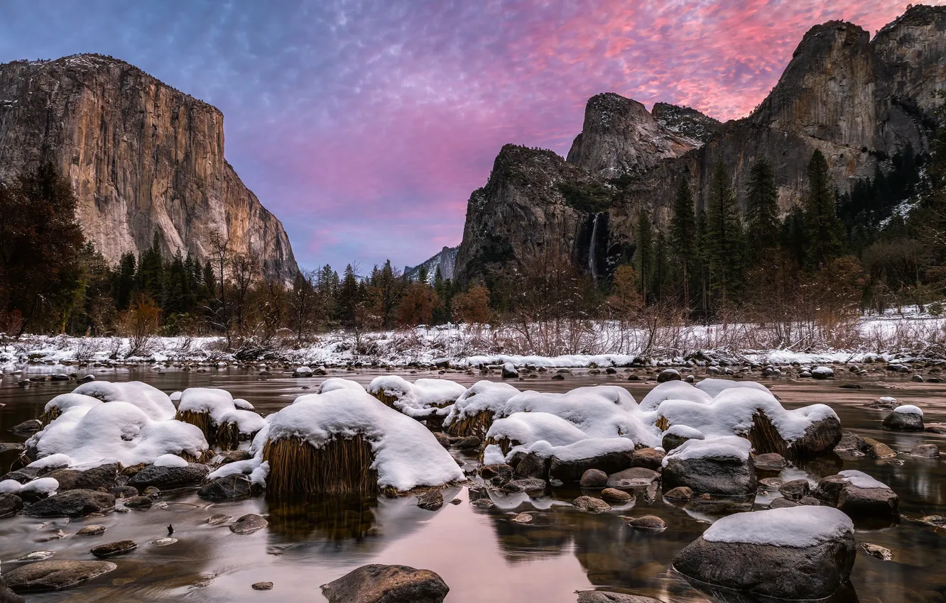 Фото обои зима, природа, река, Yosemite