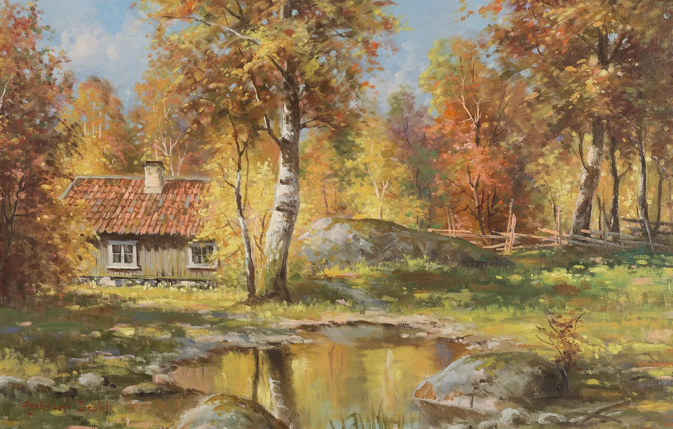 Фото обои Осенний пейзаж, шведский художник, Swedish painter, Anshelm Dahl, Autumn landscape, Анхелм Даль