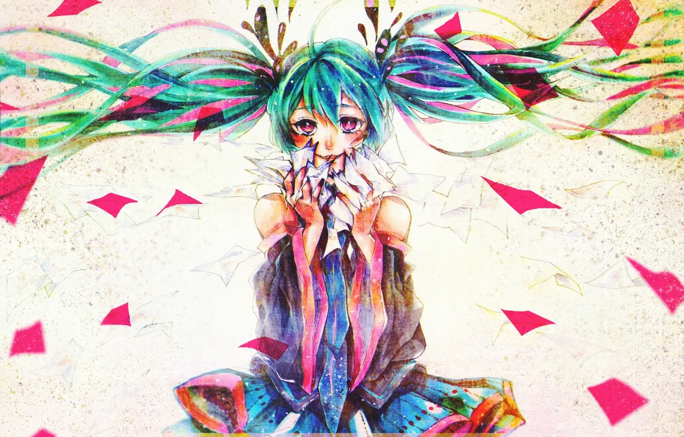 Фото обои девушка, улыбка, бумага, арт, листы, vocaloid, hatsune miku, вокалоид
