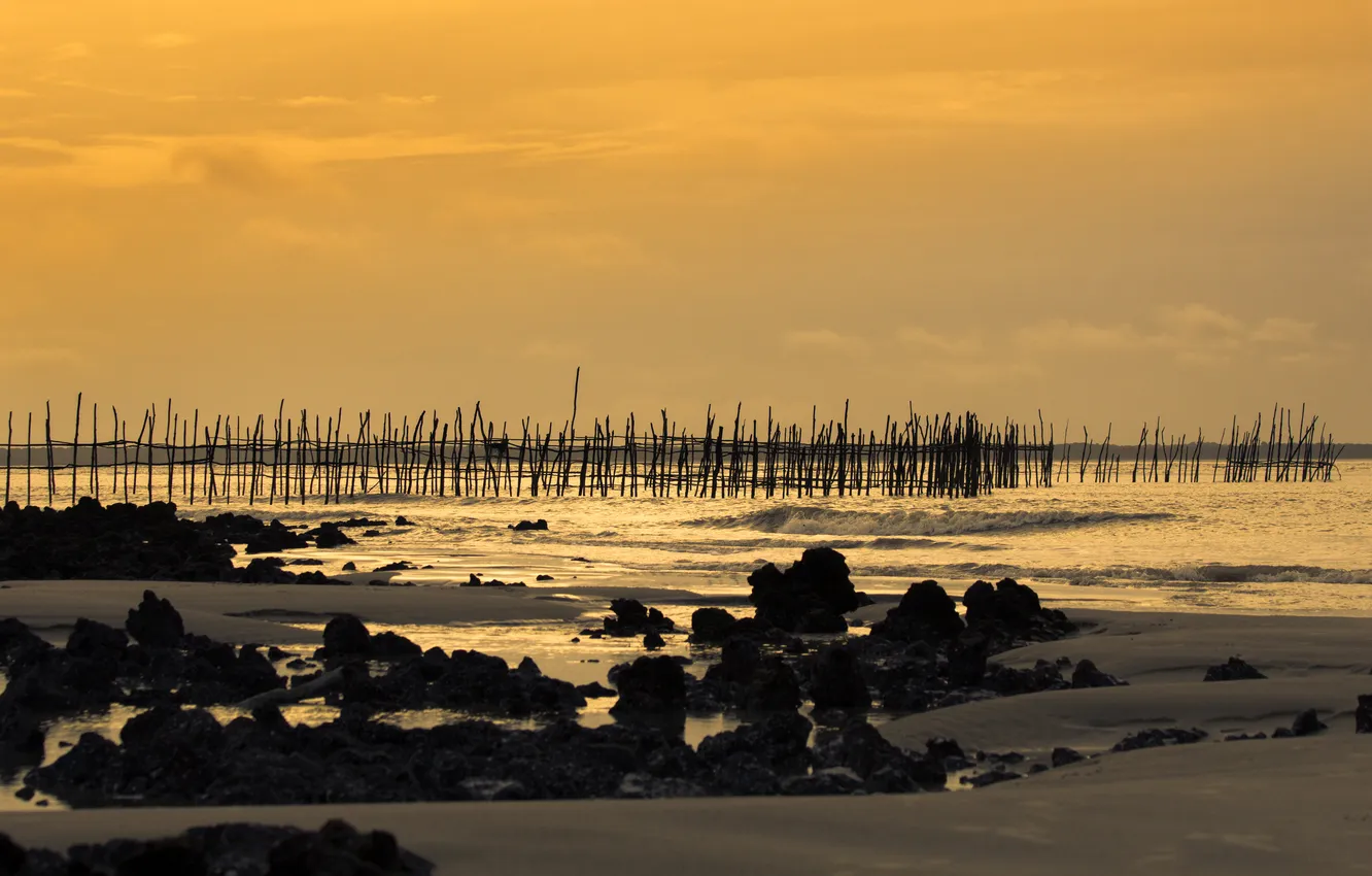 Фото обои пляж, закат, камни, Пара, Бразилия, Algodoal