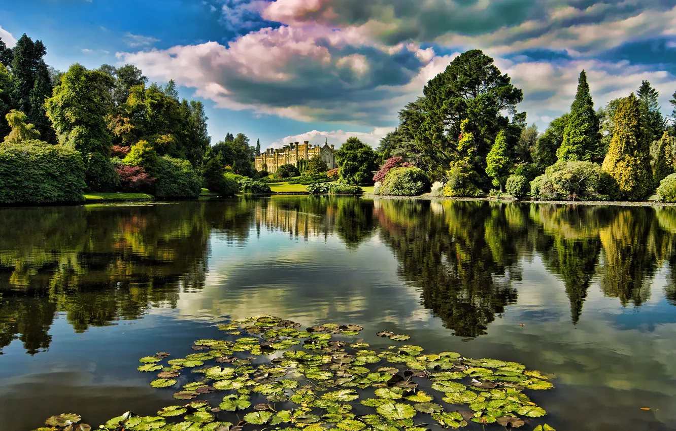Фото обои озеро, парк, замок, дворец