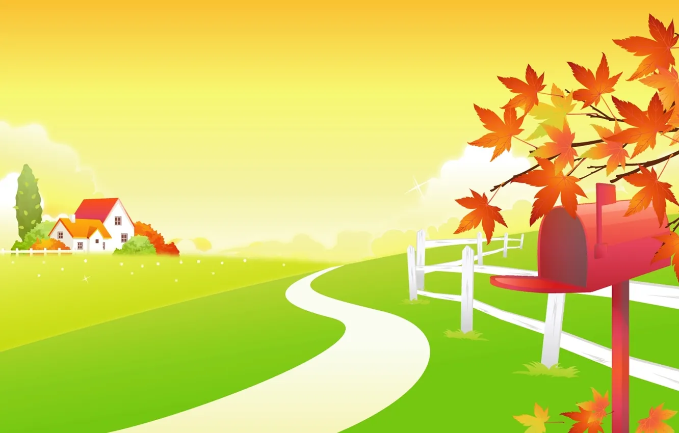 Фото обои осень, листья, облака, деревья, дом, ограда, дорожка, ферма