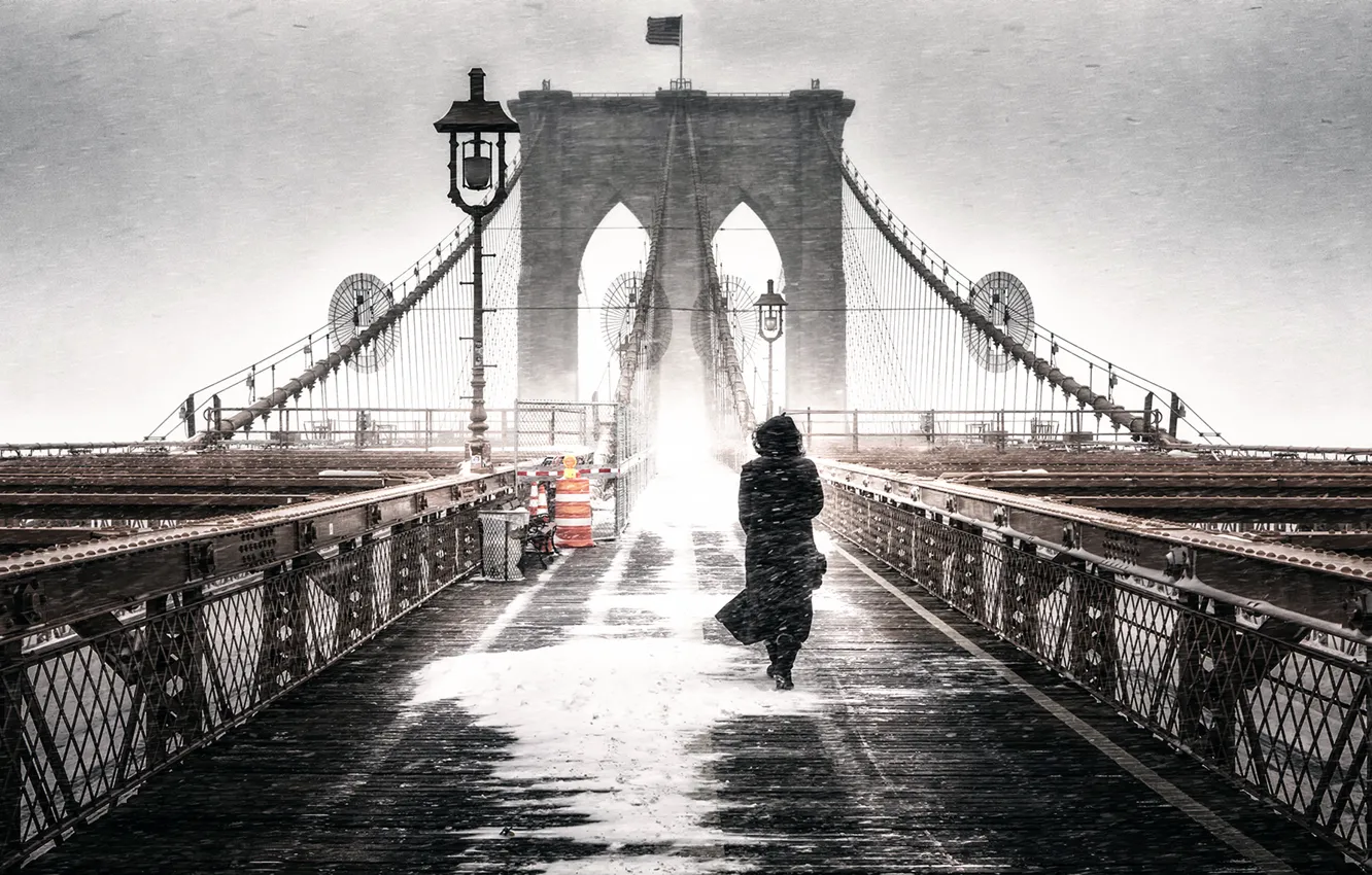 Фото обои девушка, мост, метель, Brooklyn Freeze
