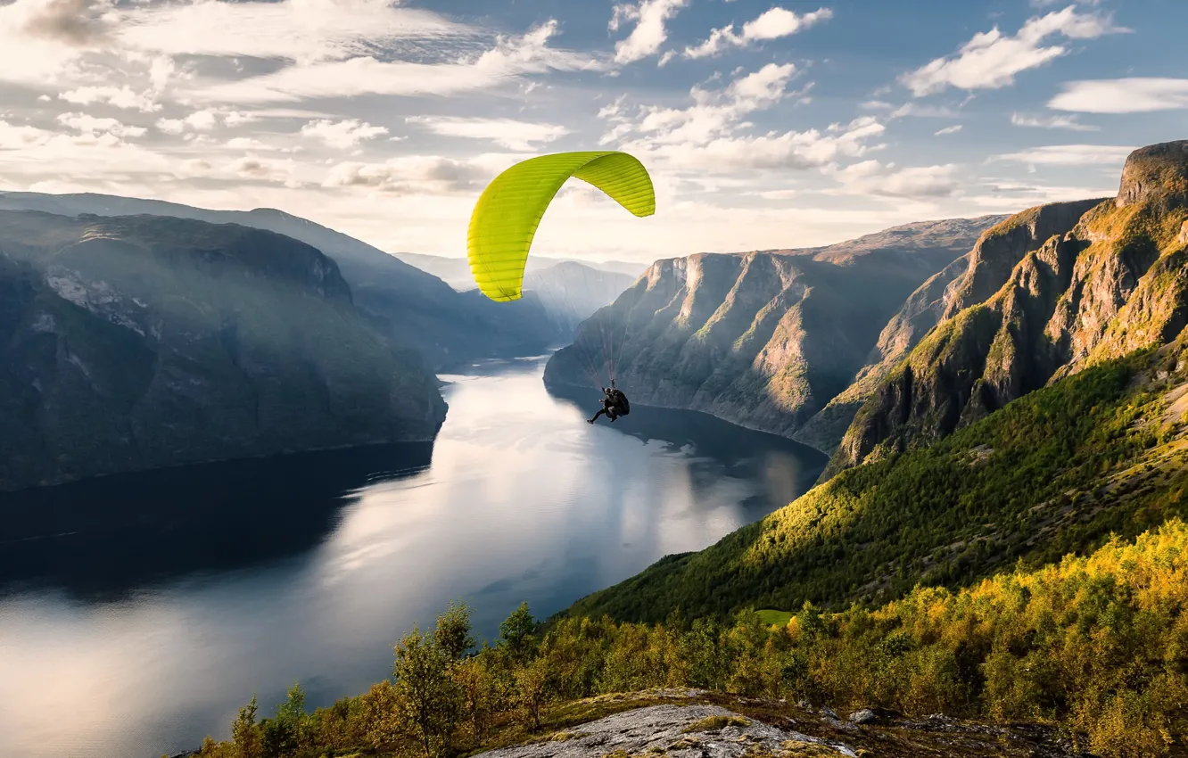 Фото обои Norway, Aurlandfjord, Paraglider