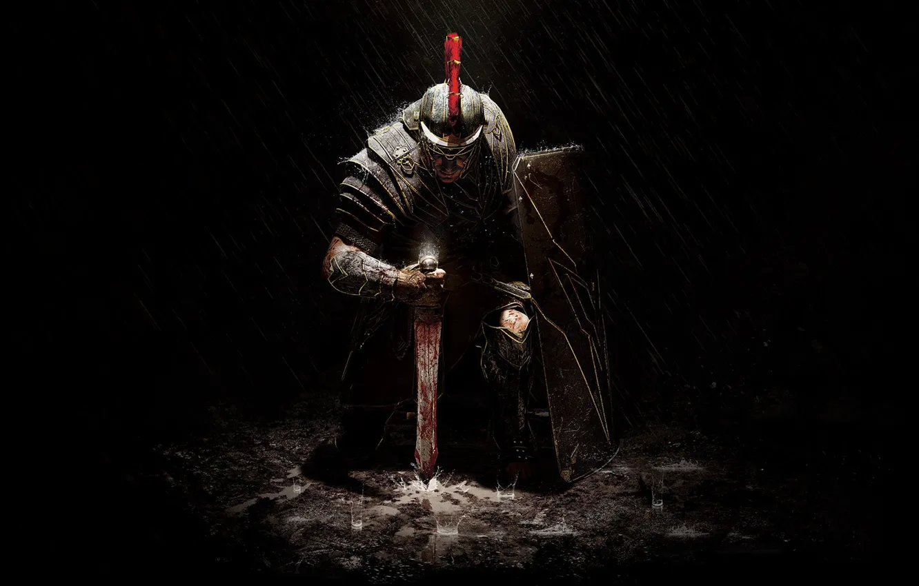 Фото обои дождь, меч, доспехи, воин, щит, Crytek, Microsoft Game Studios, Ryse: Son of Rome