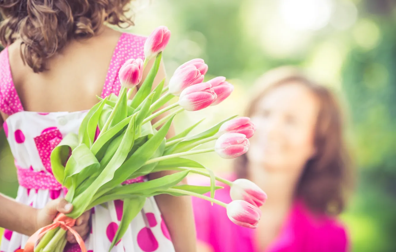 Фото обои Цветы, Девушка, Тюльпаны, Девочка, Двое, 8 марта, Flowers, Spring