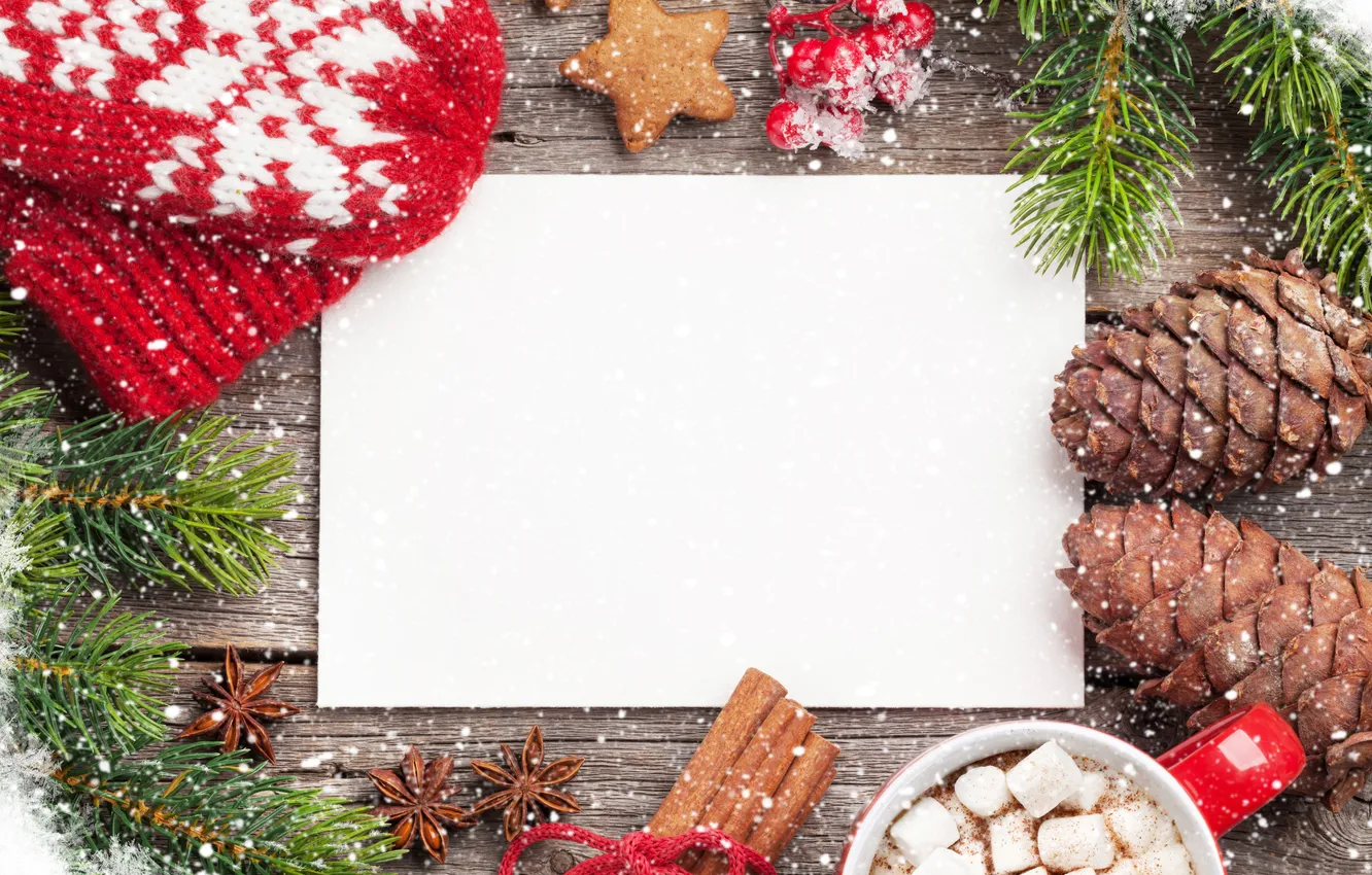 Фото обои снег, украшения, елка, Рождество, чашка, подарки, Новый год, Christmas