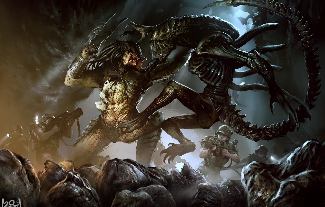 Фото обои солдаты, пришельцы, Predator, Alien, art, marines, Alien vs Predator, xenomorph