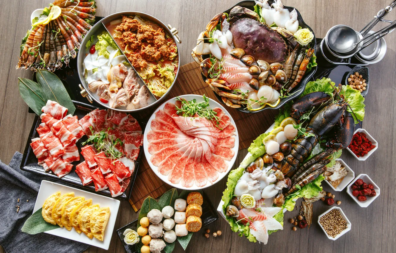 Фото обои краб, суп, мясо, омар, овощи, креветки, блюда, кальмары