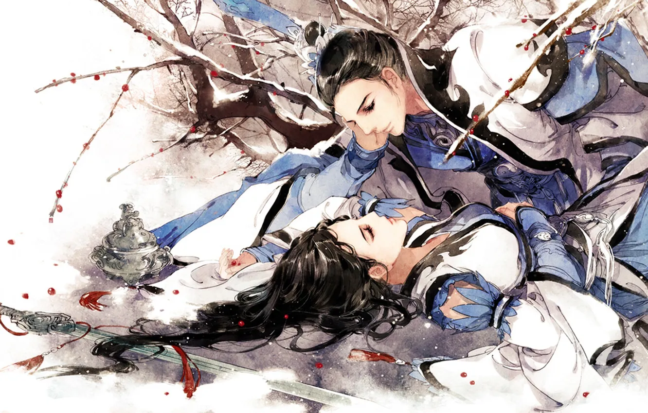 Фото обои снег, ягоды, Девушка, меч, спит, парень, art, Ibuki Satsuki