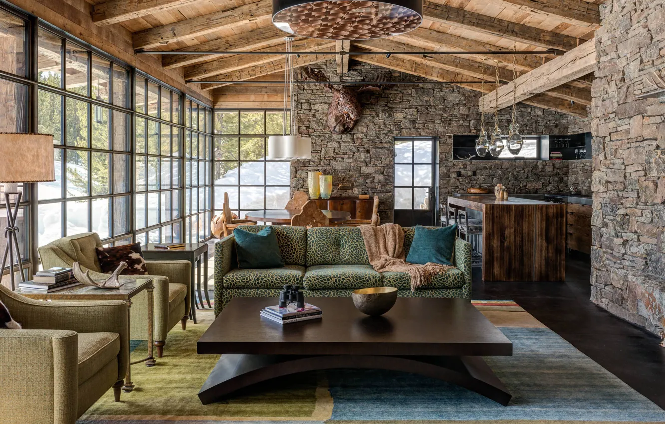 Фото обои by Pearson Design Group, интерьер, Харлоутон, столовая, Montana, уютная горная хижина, Camp Run-A-Muck Cabin, гостиная