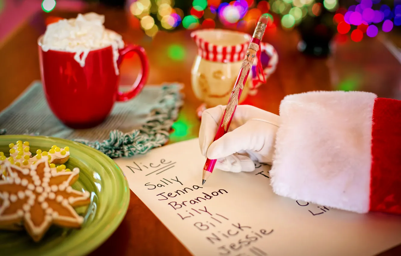 Фото обои праздник, новый год, рука, рождество, печенье, тарелка, кружка, карандаш