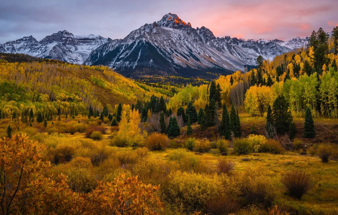 Фото обои осень, небо, снег, деревья, горы, природа, скалы, Колорадо