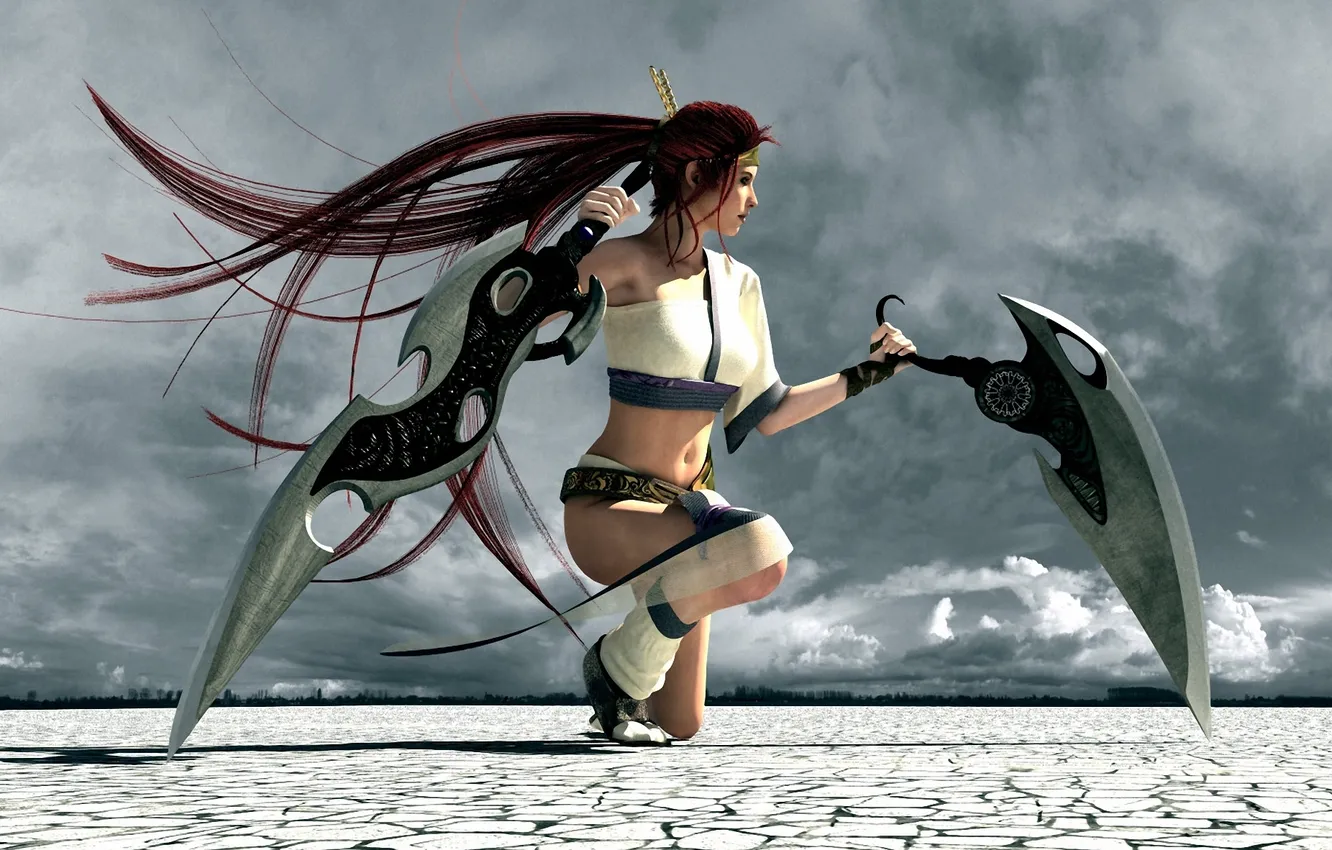 Фото обои девушка, поверхность, тучи, оружие, меч, Heavenly Sword, арт, рыжая