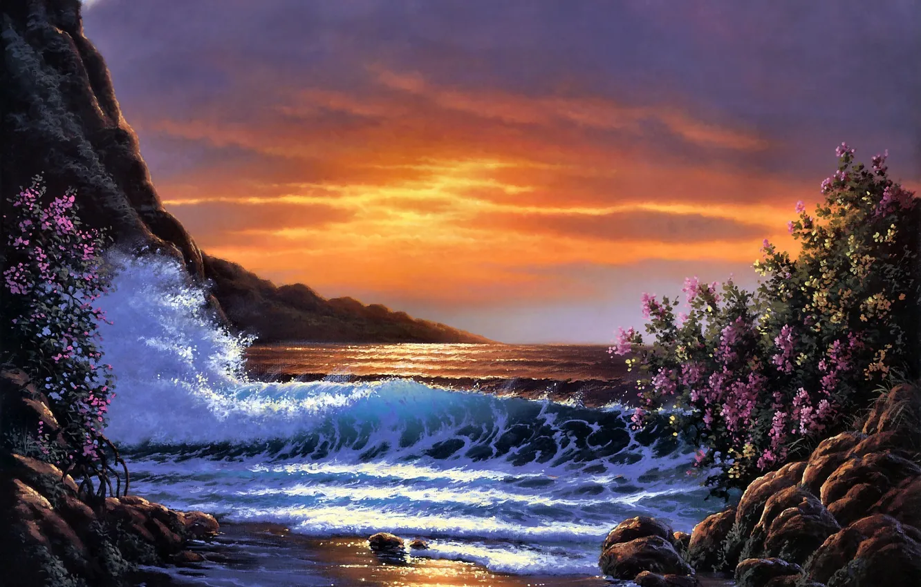 Фото обои waves, sea, sunset, painting, Derk Hansen, bush, bloom, Sunset Shores