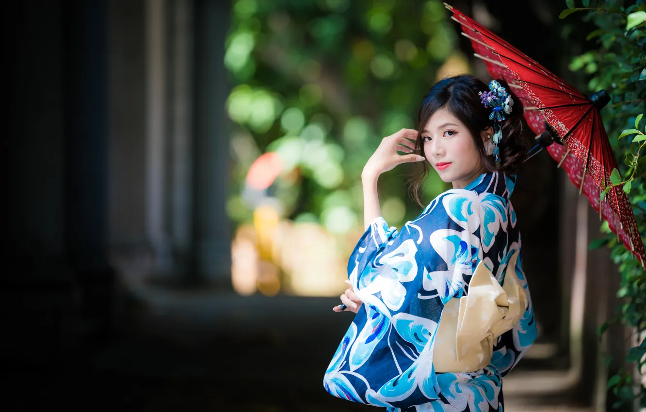 Фото обои девушка, кимоно, азиатка, милашка, боке