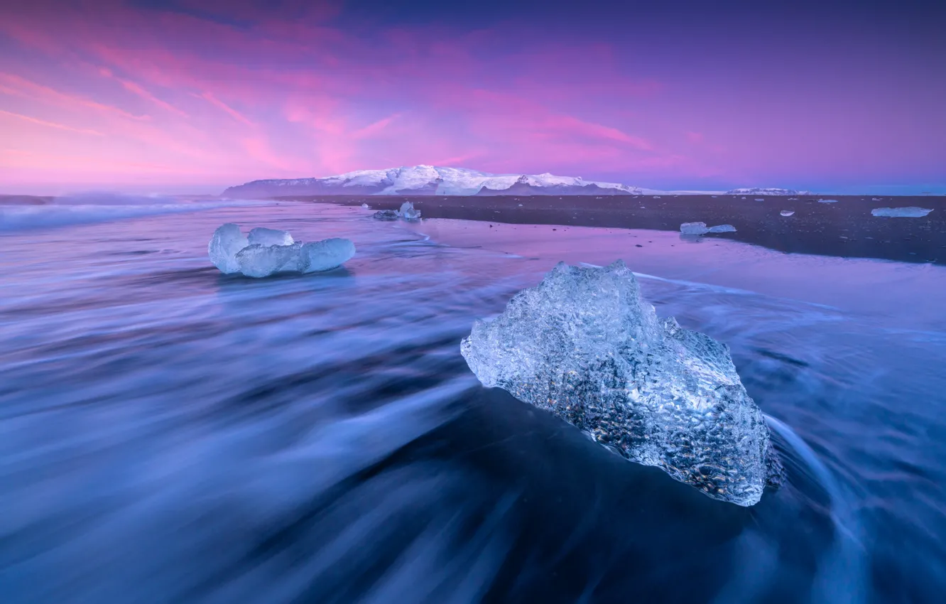 Фото обои море, закат, горы, льдины, Исландия, Iceland, Jökulsárlón, ледниковая лагуна