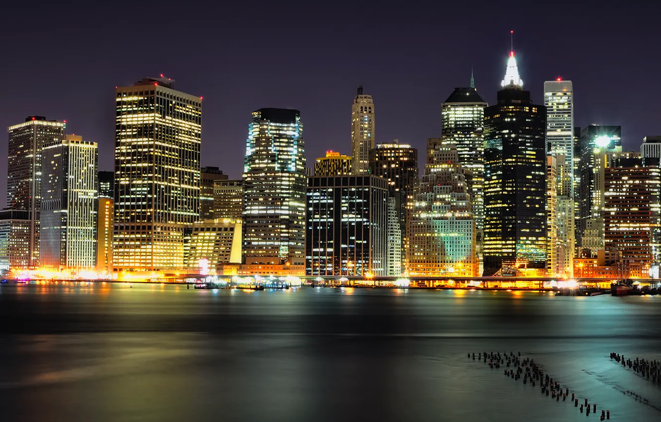 Фото обои ночь, огни, небоскребы, Brooklyn, Night, Manhattan, NYC, Lower