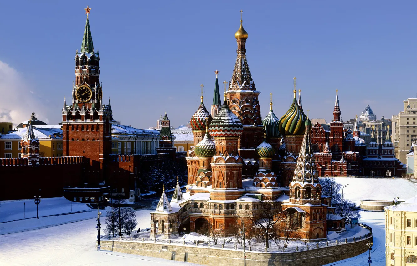 Фото обои зима, снег, Москва, кремль, Храм Василия Блаженного, Покровский собор