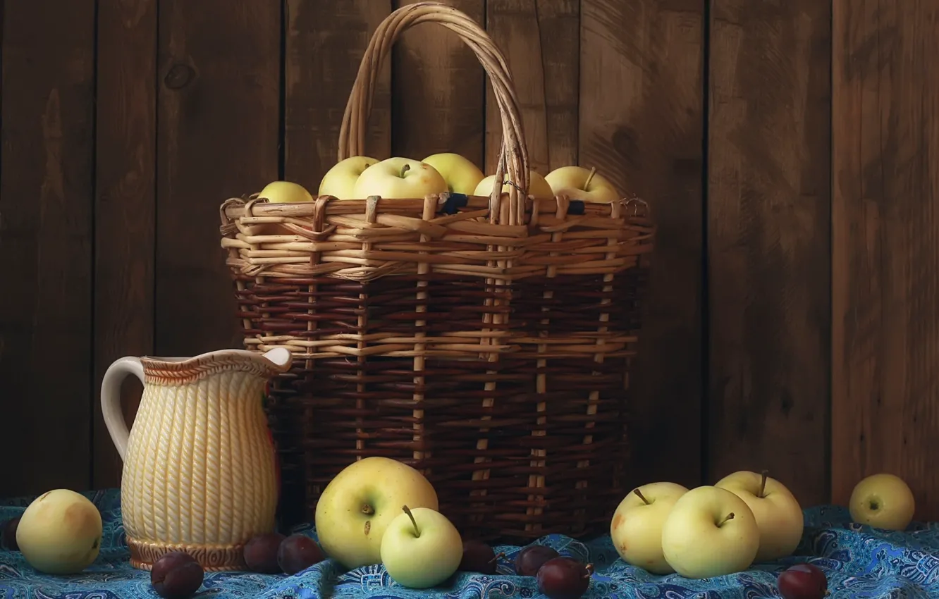 Фото обои корзина, яблоки, кувшин, натюрморт