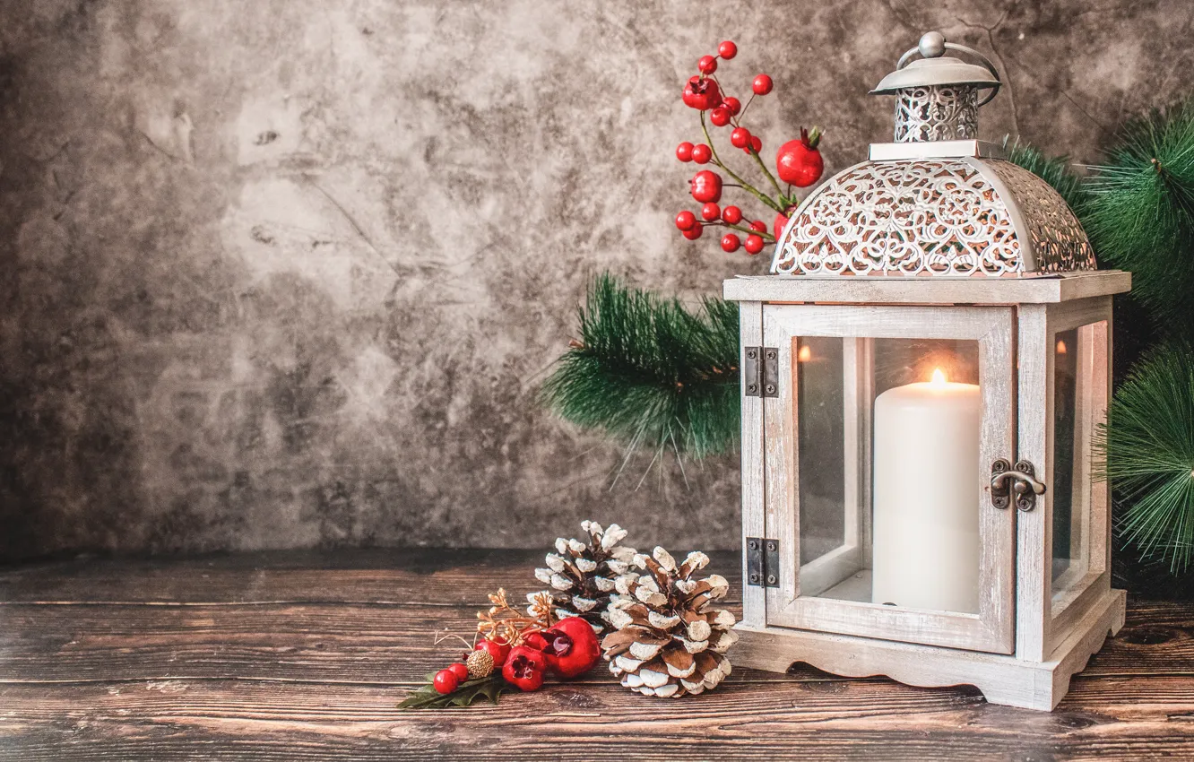 Фото обои ветки, стена, праздник, доски, свеча, плоды, Рождество, фонарь