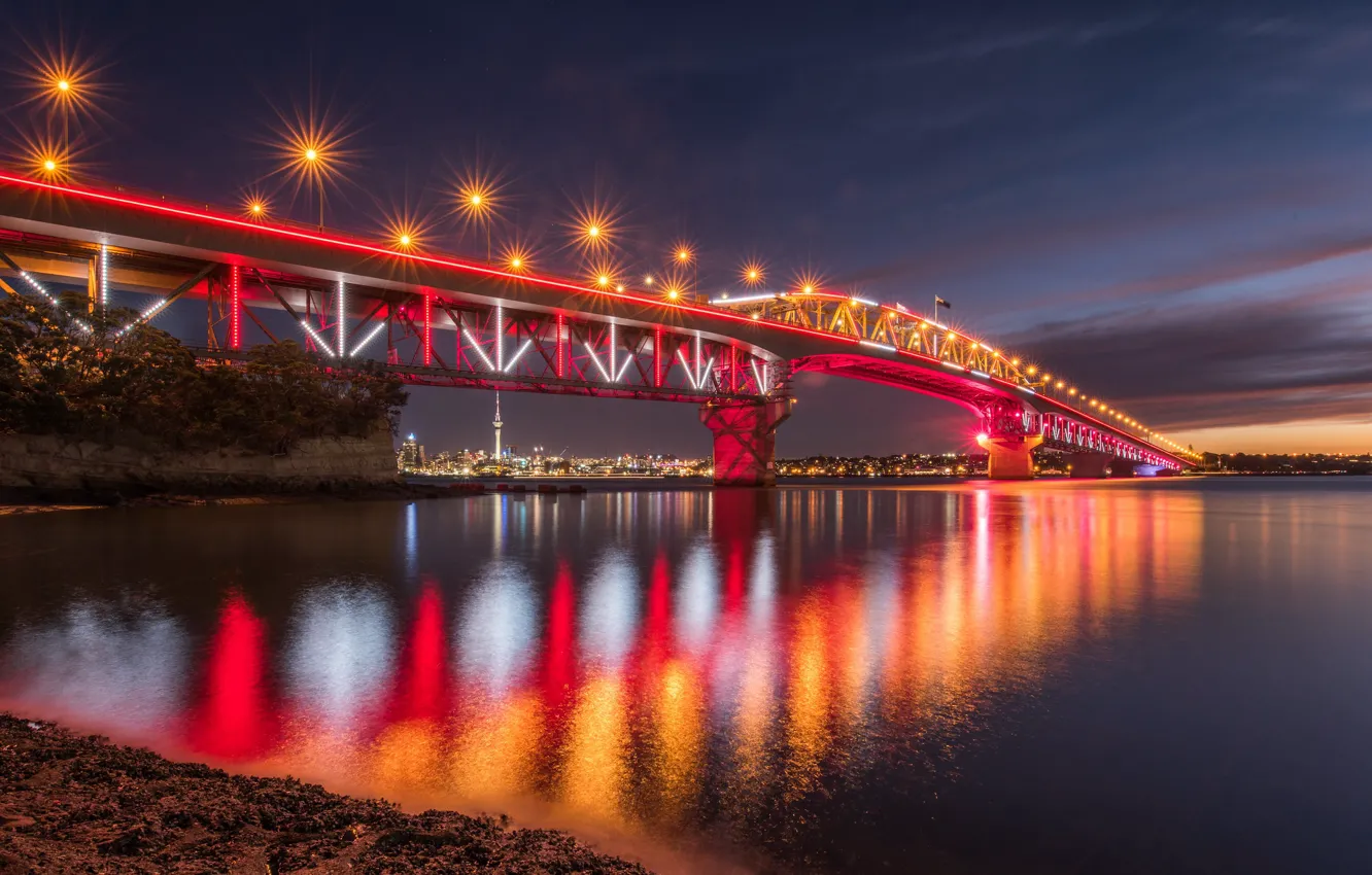 Фото обои мост, огни, вечер, Новая Зеландия, Окленд