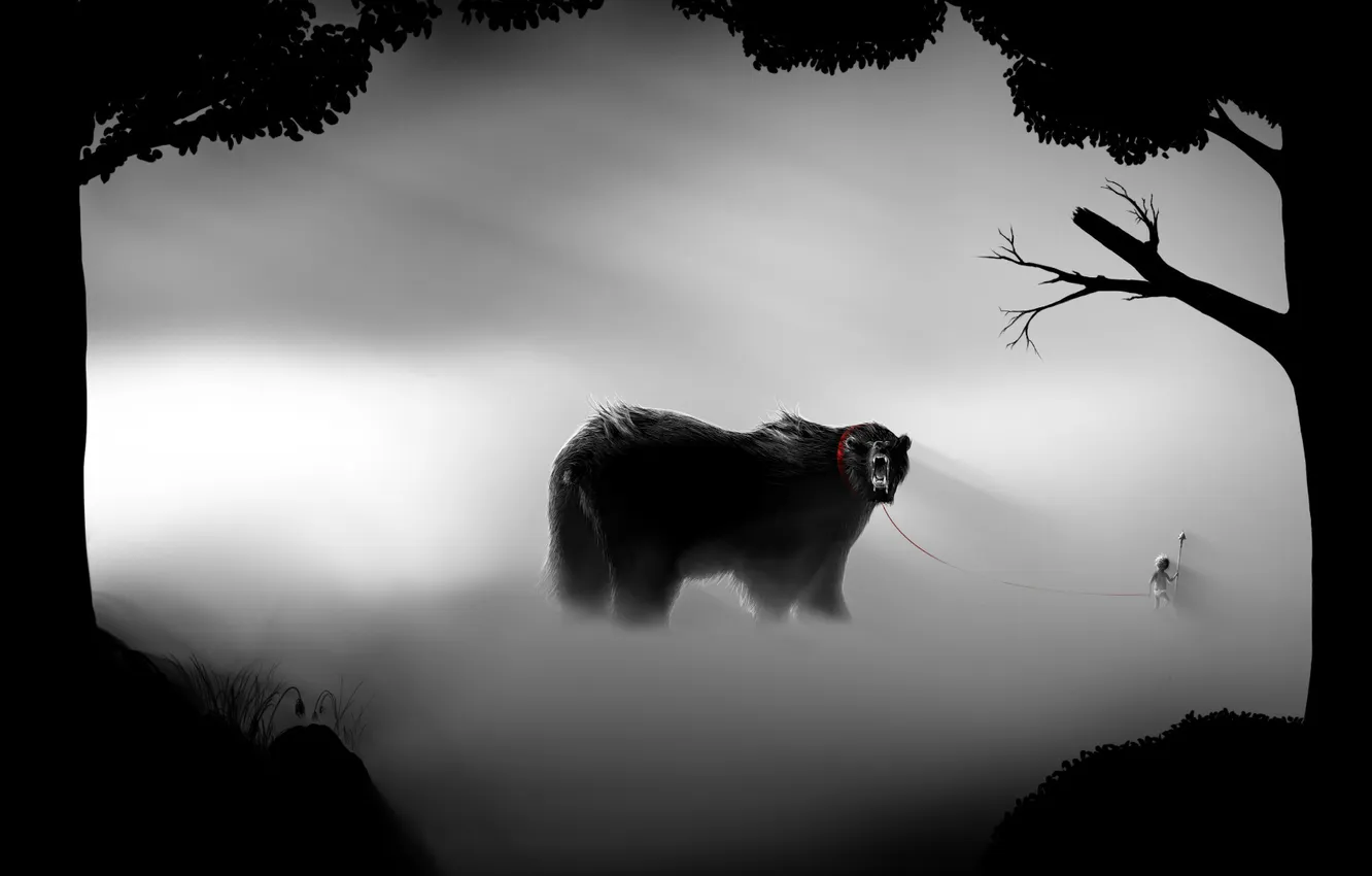 Фото обои деревья, туман, красное, ребенок, медведь, арт, поводок, черно-белое