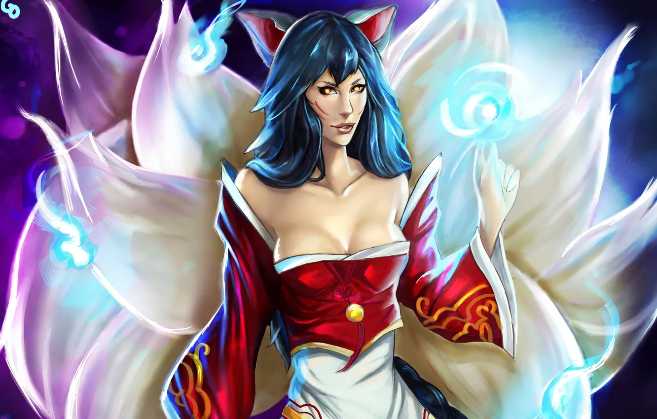 Фото обои девушка, магия, League of Legends, хвосты, Ahri