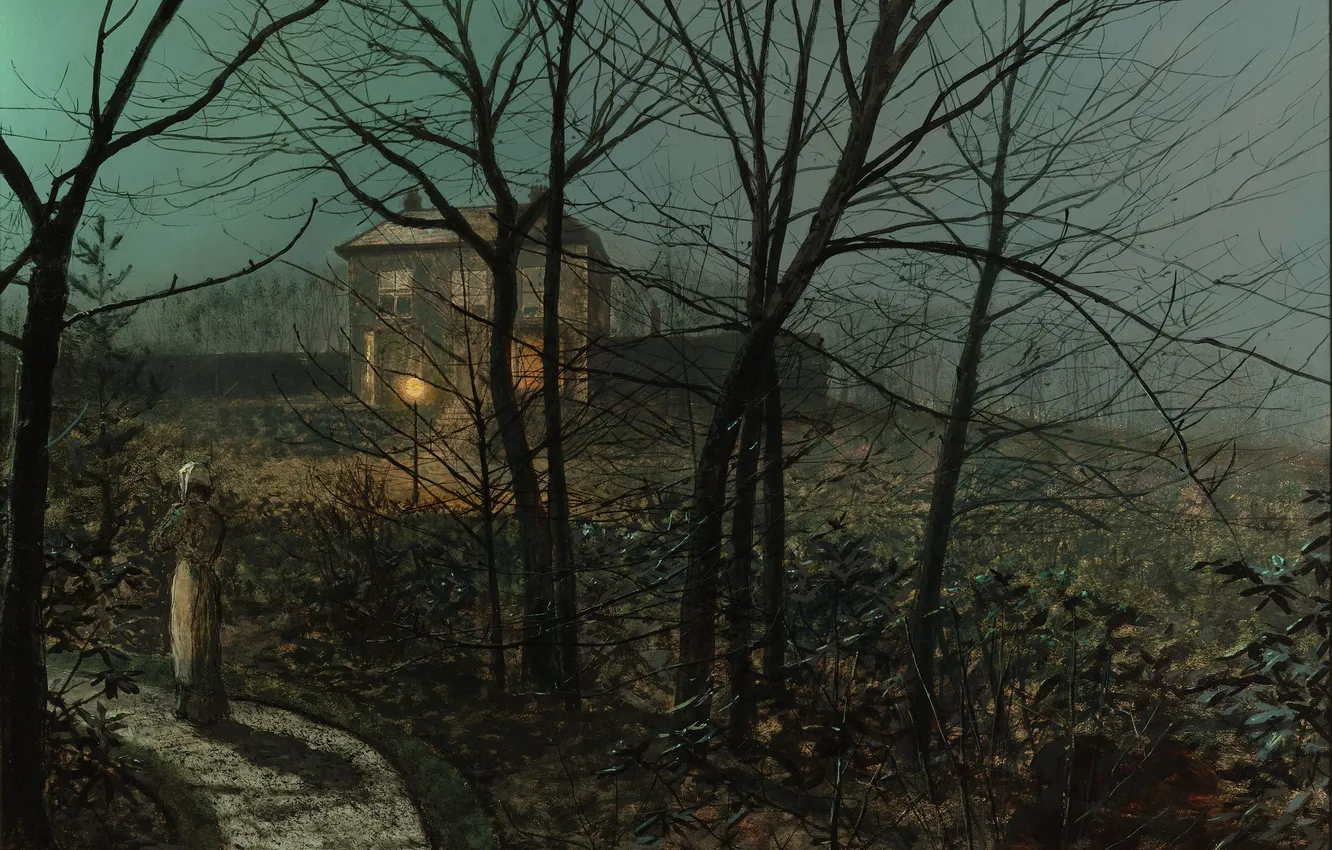 Фото обои картина, живопись, painting, 1882, John Atkinson Grimshaw, Woman on a Path by a Cottage