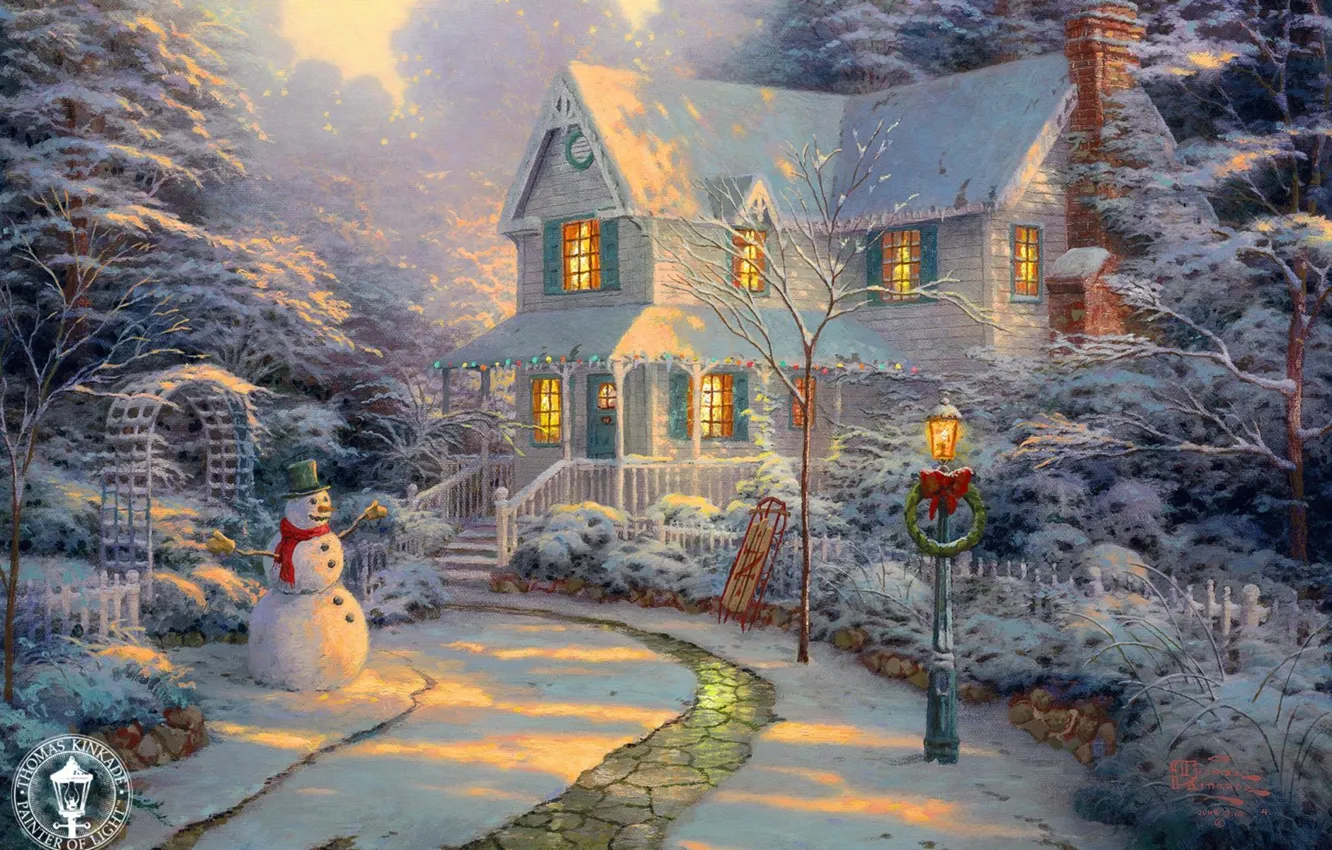 Фото обои закат, дом, праздник, дорожка, фонарь, снеговик, живопись, Christmas