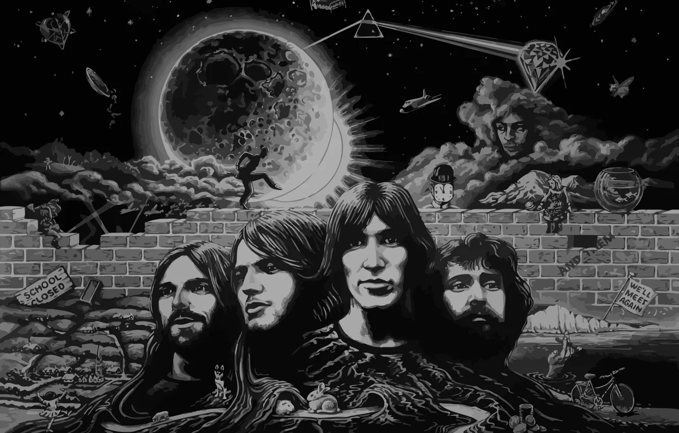 Фото обои Рисунок, Музыка, Луна, Треугольник, Pink Floyd, Арт, Призма, Рок