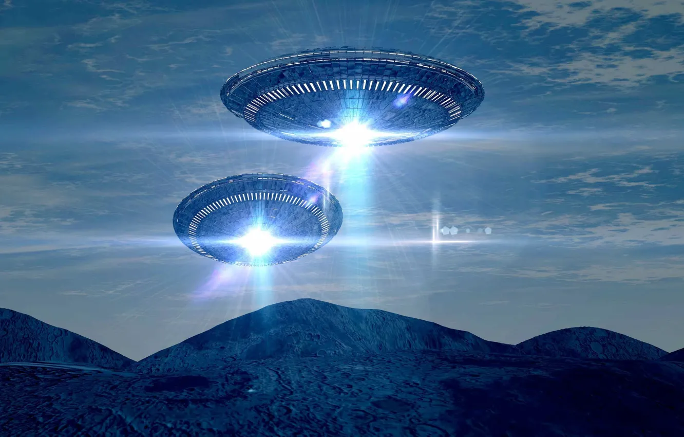 Фото обои UFO, flies, over the mountains