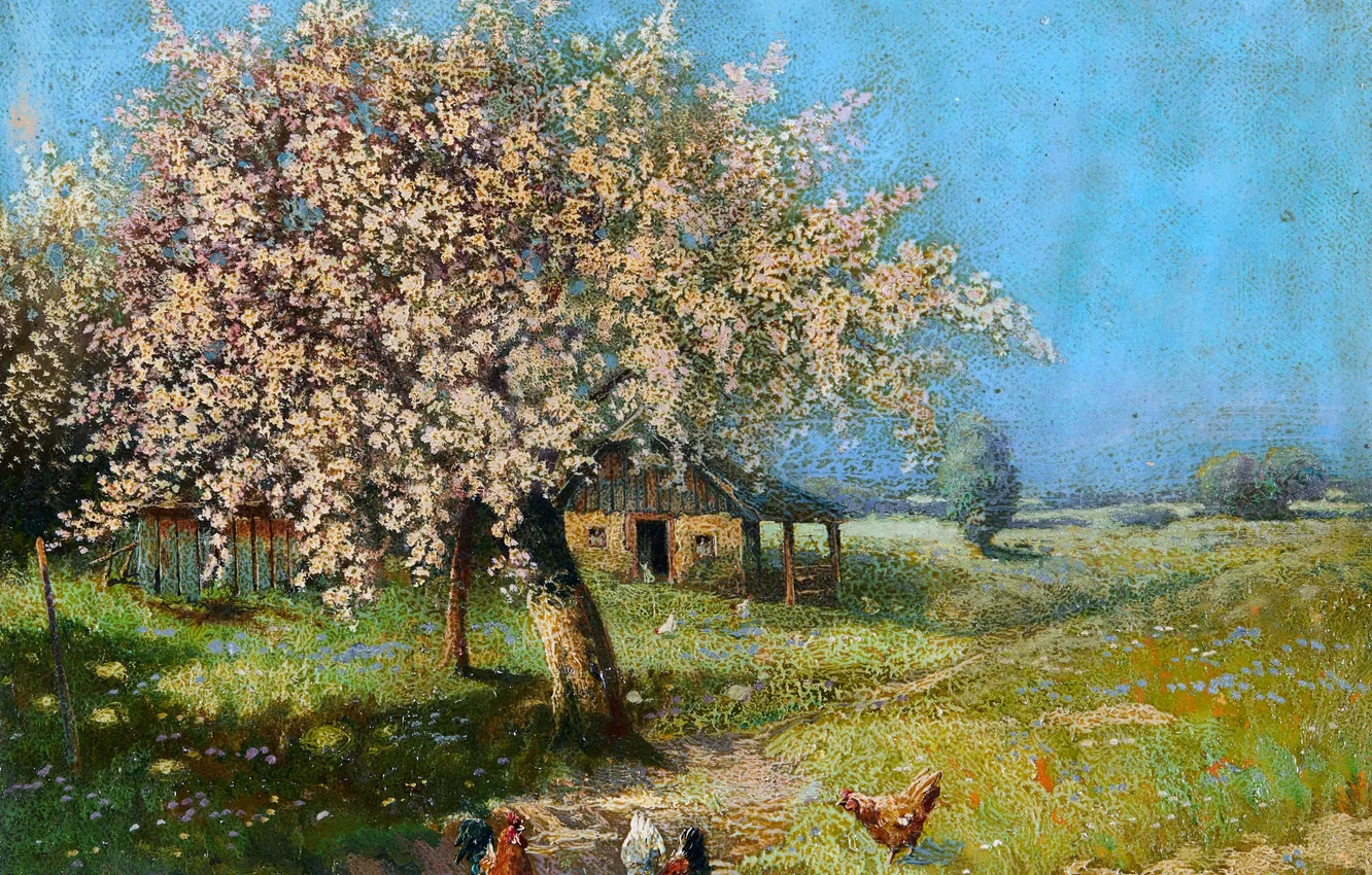 Фото обои Деревья, Дом, Картина, Alois Arnegger, Алоис Арнеггер, Австрийский живописец, Курицы, Цветущие деревья на ферме