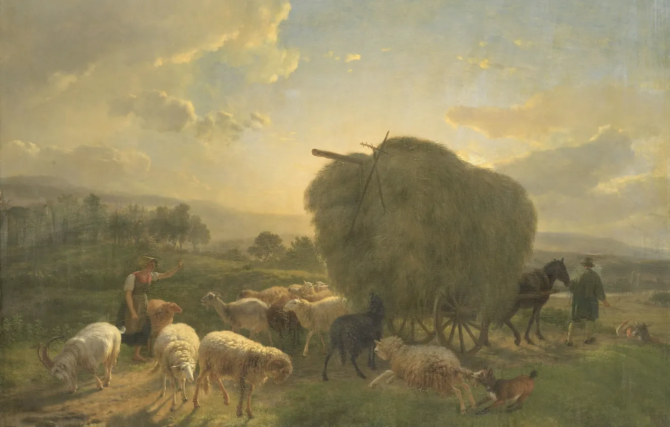 Фото обои масло, картина, 1824, Пейзаж с Овцами и Повозкой с Сеном, Балтазар Пол Оммеганк, Balthasar Paul …