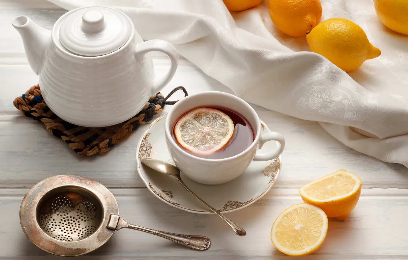 Фото обои чай, чайник, чашка, посуда, цитрусы, лимоны, ситечко
