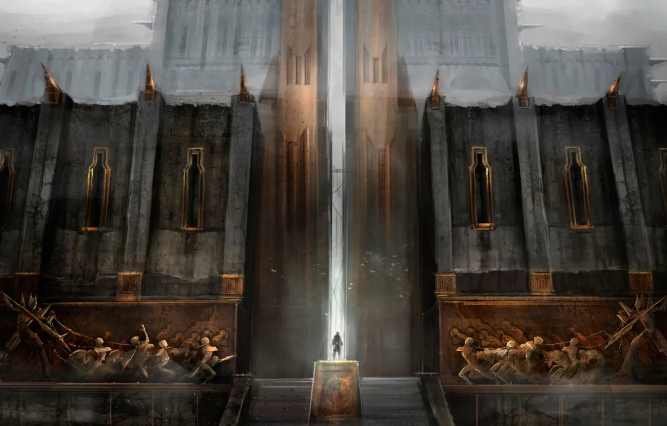 Фото обои город, человек, ворота, дверь, лестница, дымка, крепость, Dragon Age 2