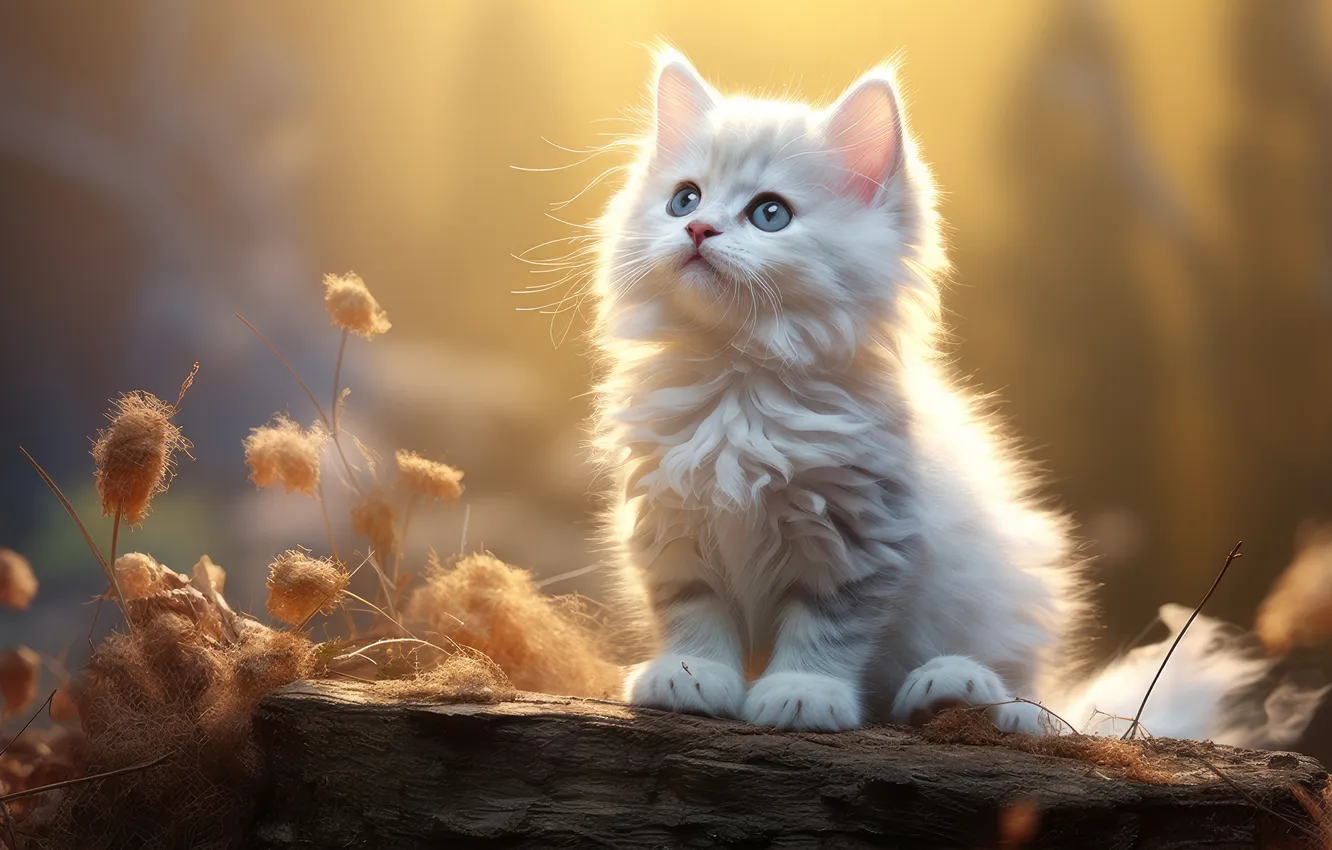 Фото обои кошка, белый, взгляд, свет, природа, поза, котенок, бревно