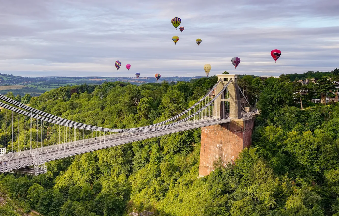 Фото обои мост, воздушные шары, Англия, панорама, England, Bristol, Бристоль, Avon Gorge