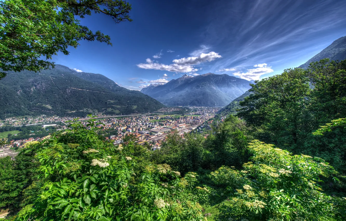 Фото обои зелень, лес, небо, облака, деревья, горы, дома, Швейцария