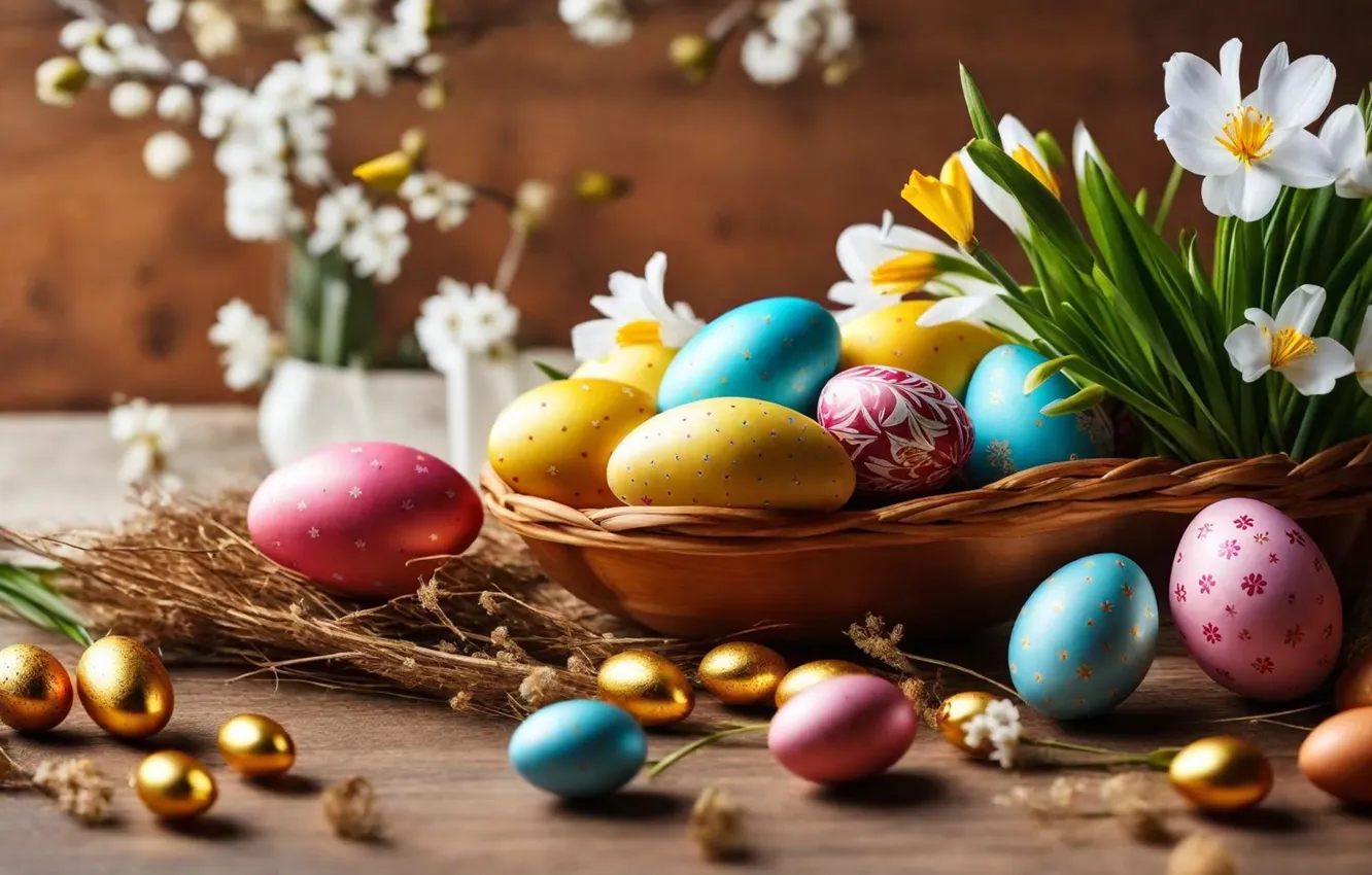 Фото обои цветы, яйца, весна, colorful, Пасха, happy, flowers, spring