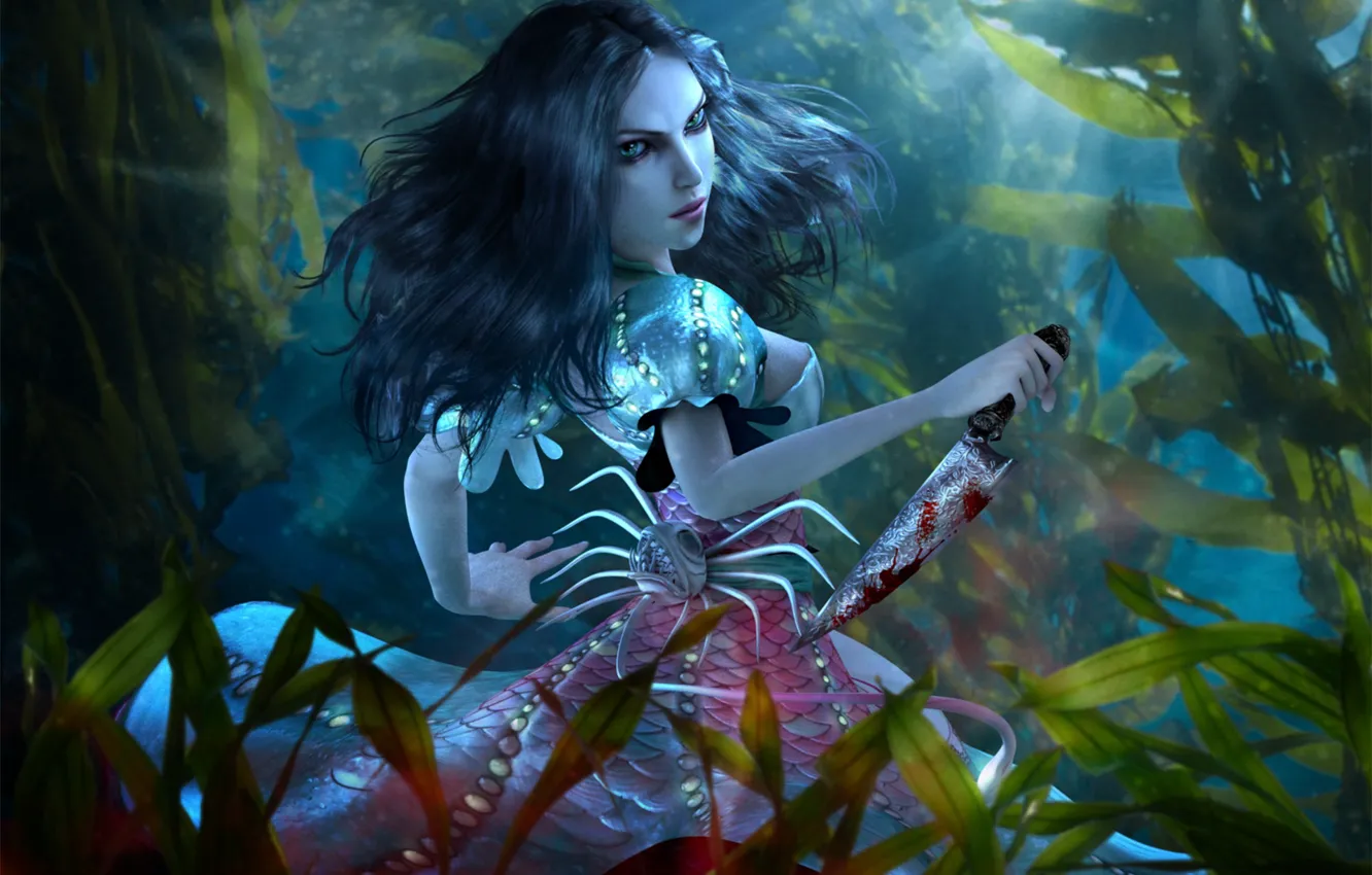 Фото обои вода, девушка, платье, нож, под водой, ocean, Alice, Alice: Madness Returns
