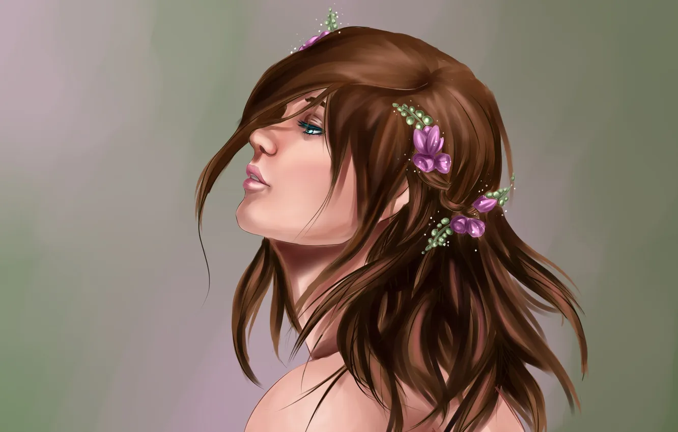 Фото обои взгляд, девушка, цветы, ресницы, фон, волосы, арт, профиль