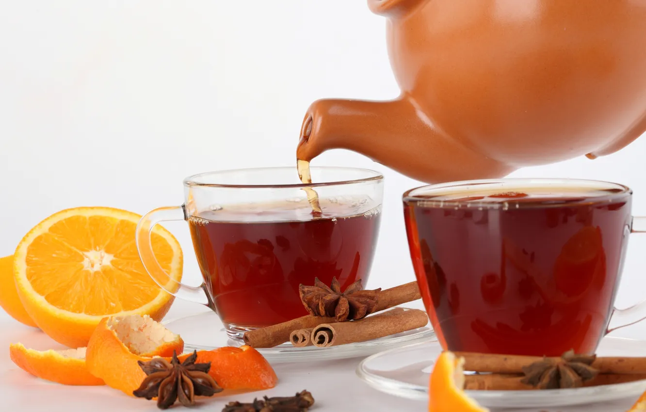 Фото обои чай, апельсин, палочки, чайник, чашки, корица, кожура, бадьян