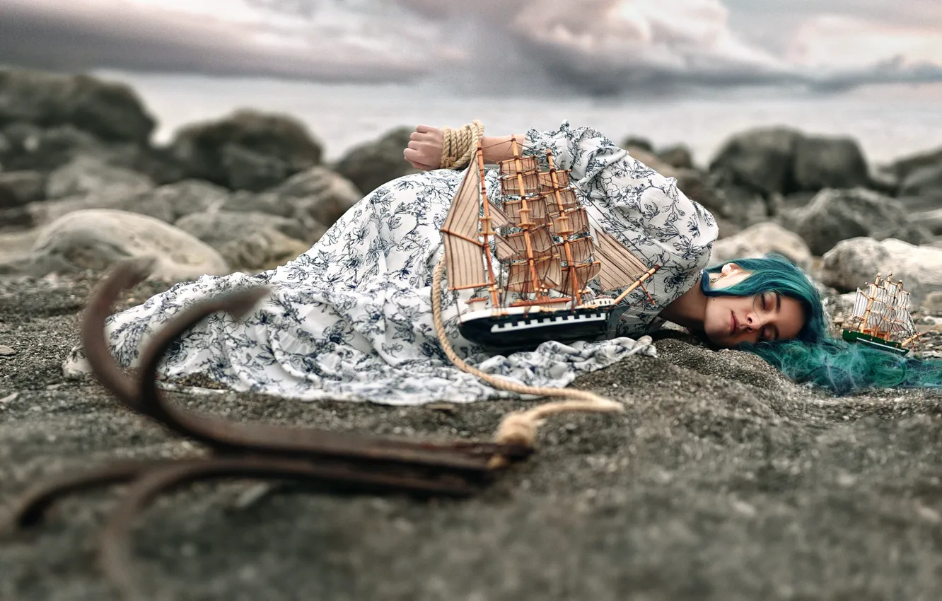 Фото обои девушка, сон, парусник, корабли, Саша Иващенко
