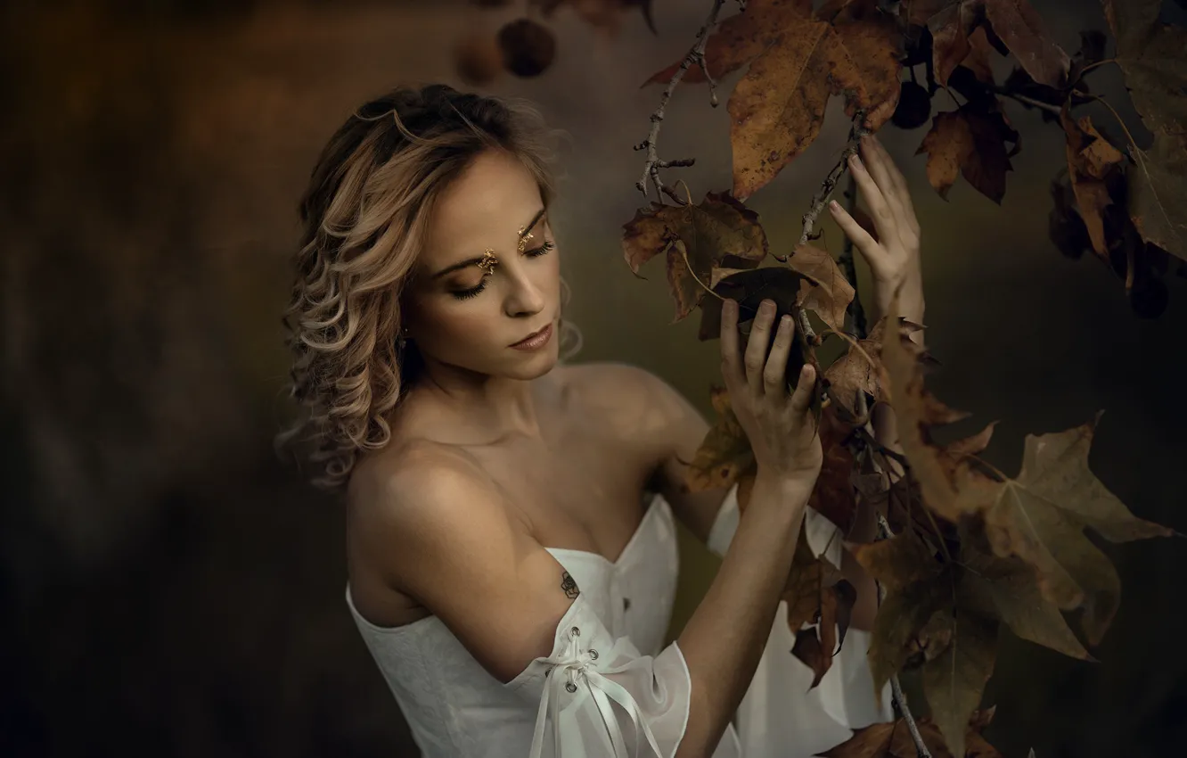 Фото обои осень, листья, девушка, ветки, природа, поза, стиль, темный фон