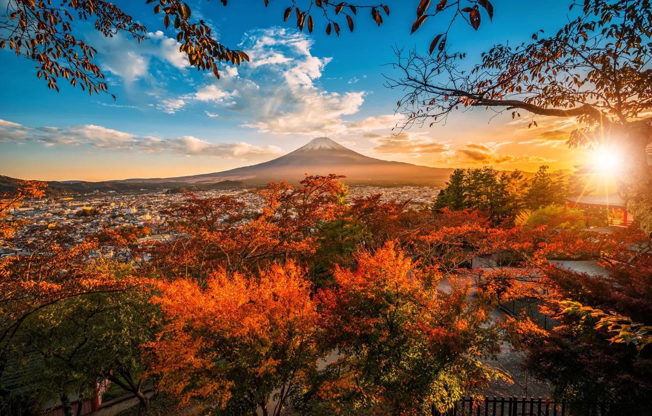 Фото обои осень, пейзаж, природа, гора, Япония, заход, Фудзияма