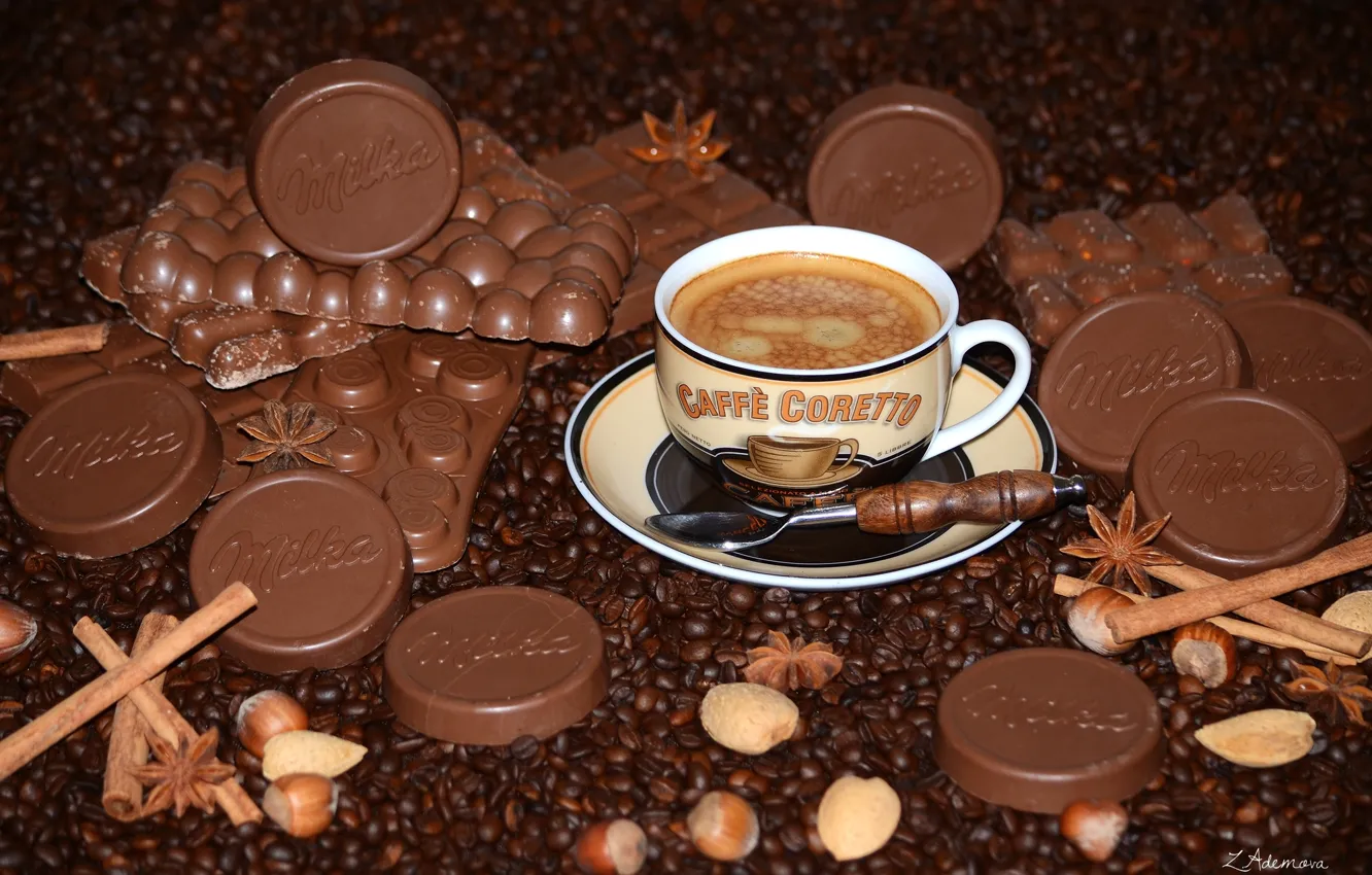 Фото обои кофе, шоколад, орехи, корица, кофейные зерна, бадьян